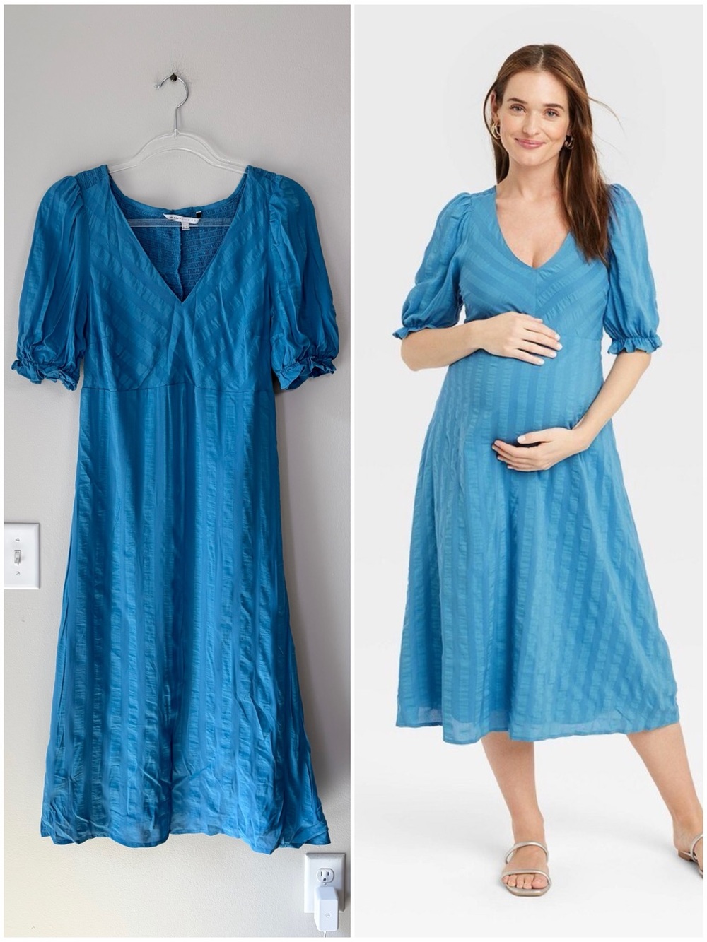 The Nines By Hatch Blue Striped Puff Sleeve Maternity Midi Dress